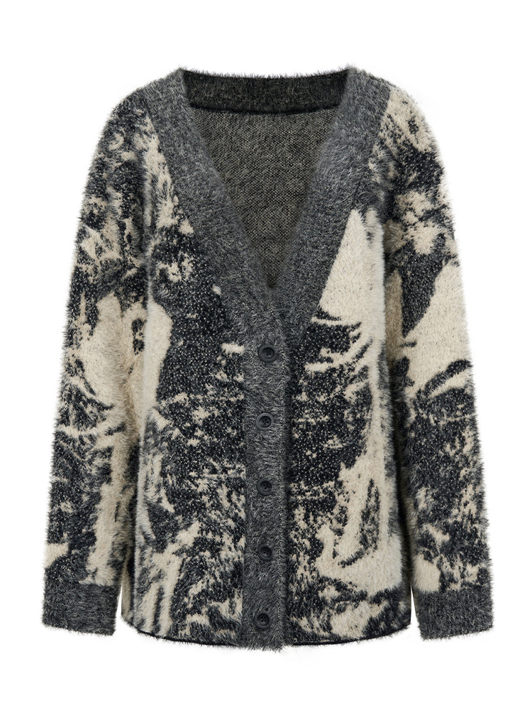 Speckled Wool V-Neck Oversize Retro Chic Knit Cardigan