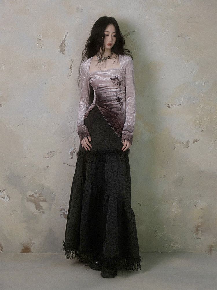 Set-Up Gradation Butterfly Velvet Blouse＆Mermaid-Skirt