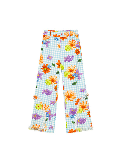 Checked Flower Girly Tassel Fancy Pants