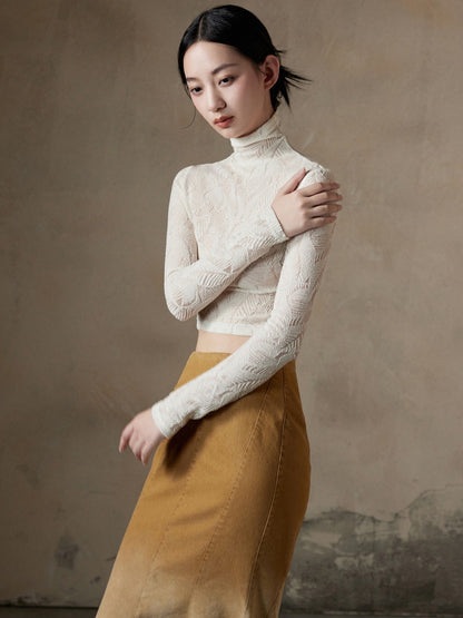 Embroidery High-Neck Tight Long-Sleeve Knit