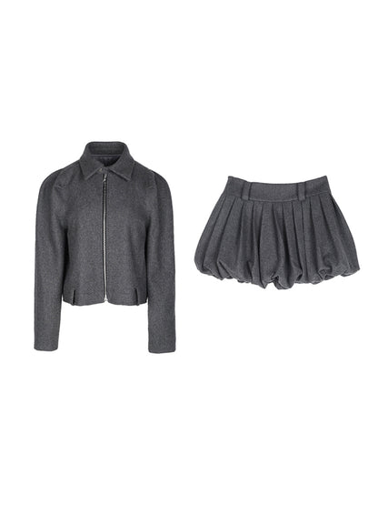 Set-Up Casual Simple Suit Wool Short-Jacket＆Balloon-Skirt