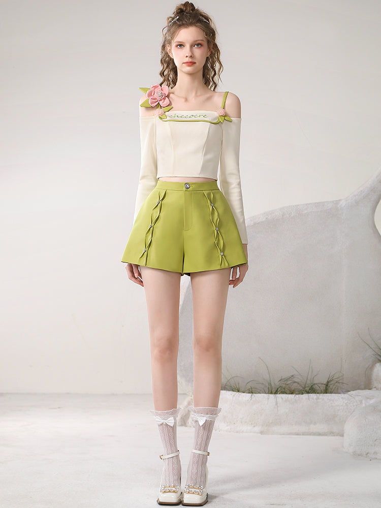 Set-Up Flower 3D Open-Shoulder Cute Casual Fruit Tops＆Short-Pants