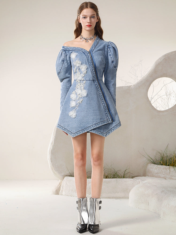 Asymmetry Wrap Zip Unique Denim Lace Ciffon Flower Flare One-Piece