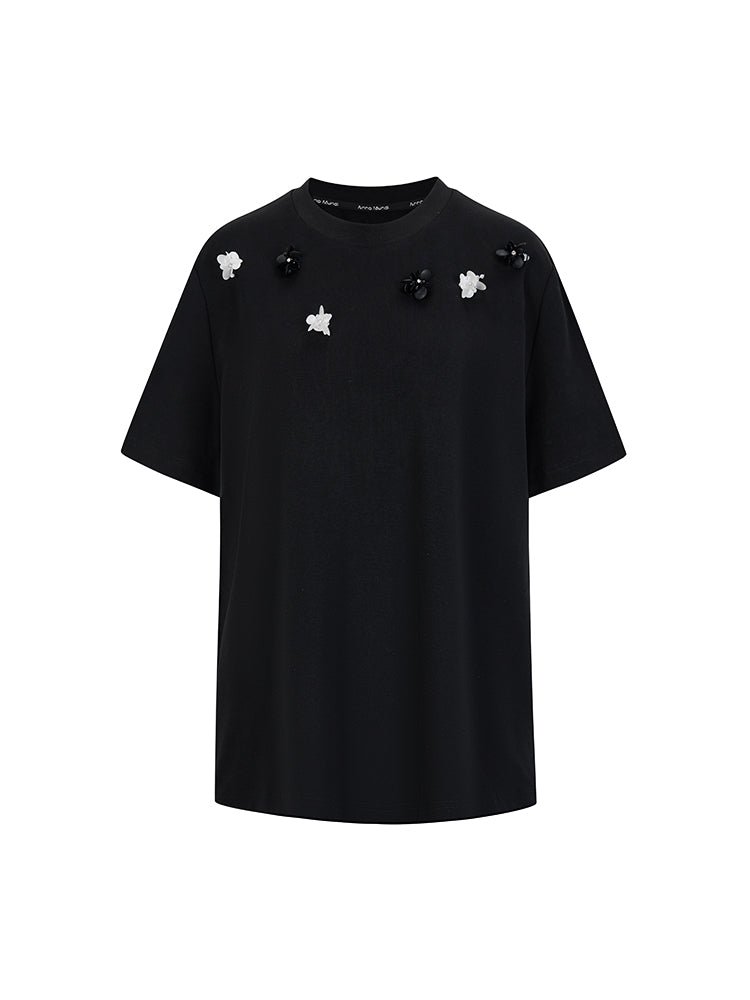 Beads Crew-Neck Crystal Flower Nichi T-Shirt