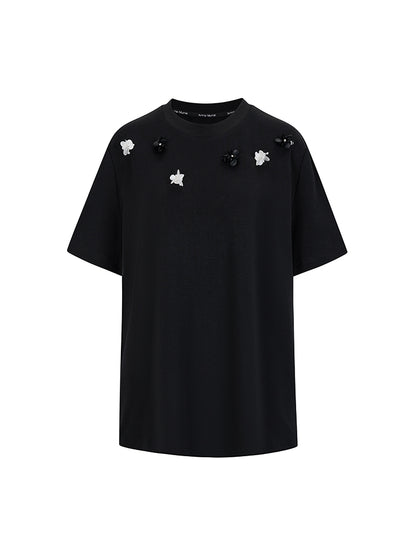 Beads Crew-Neck Crystal Flower Nichi T-Shirt