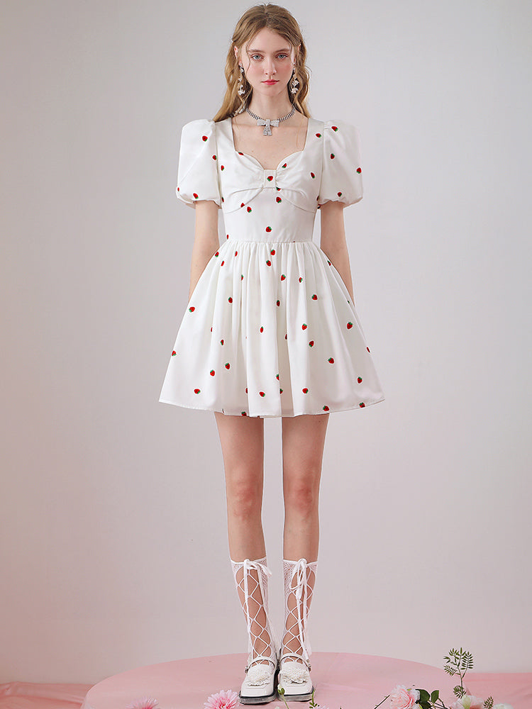 Strawberry Cute Fluffily Puff-Sleeve Retro One-Piece