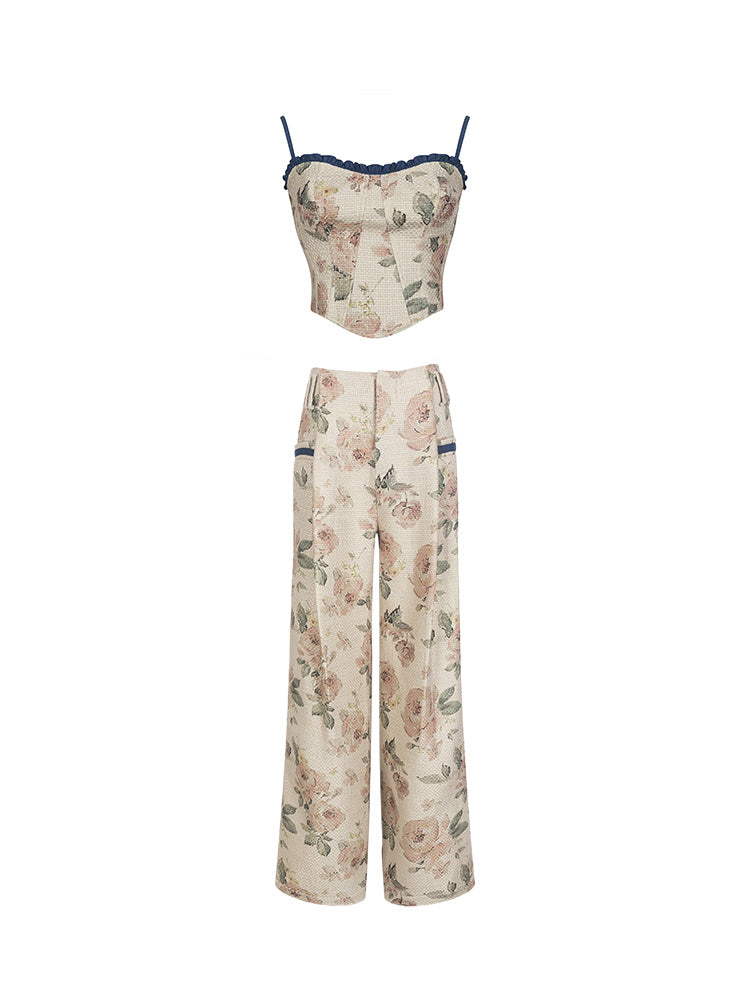 Lace-Up Flower Retro Cropped Sweet Camisole&amp;Wide-Pants