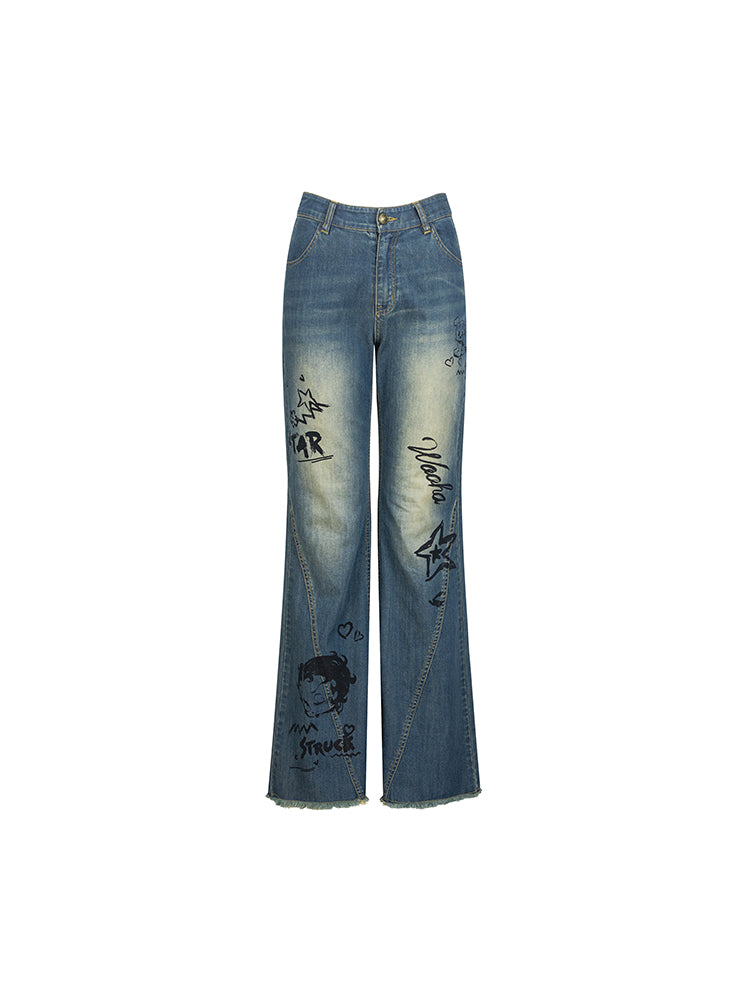 Betty Denim Casual Faded Strait Flare-Pants