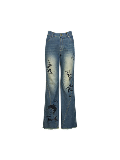 Betty Denim Casual Faded Straight Flare-Pants