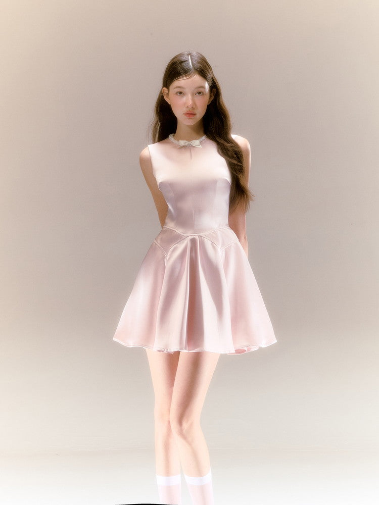 No-Sleeve Ribbon Flare Satin Princess Dress