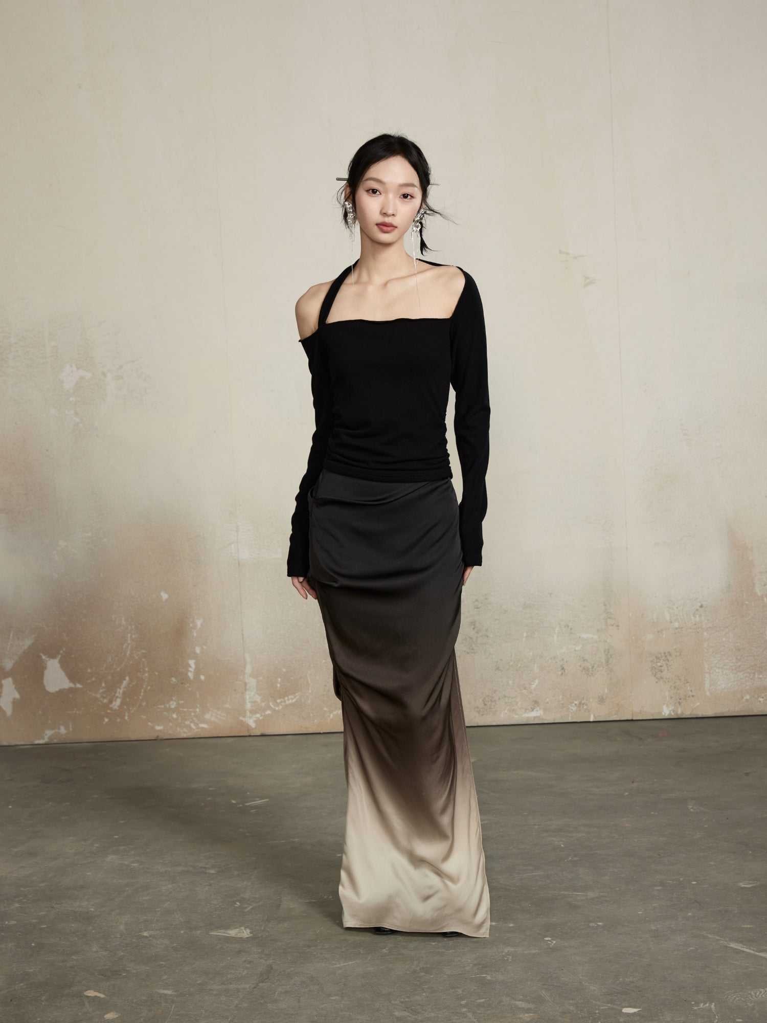 Gradation Classy Slim Drape Deep-Slit Elegant Tops&amp;Long-Skirt