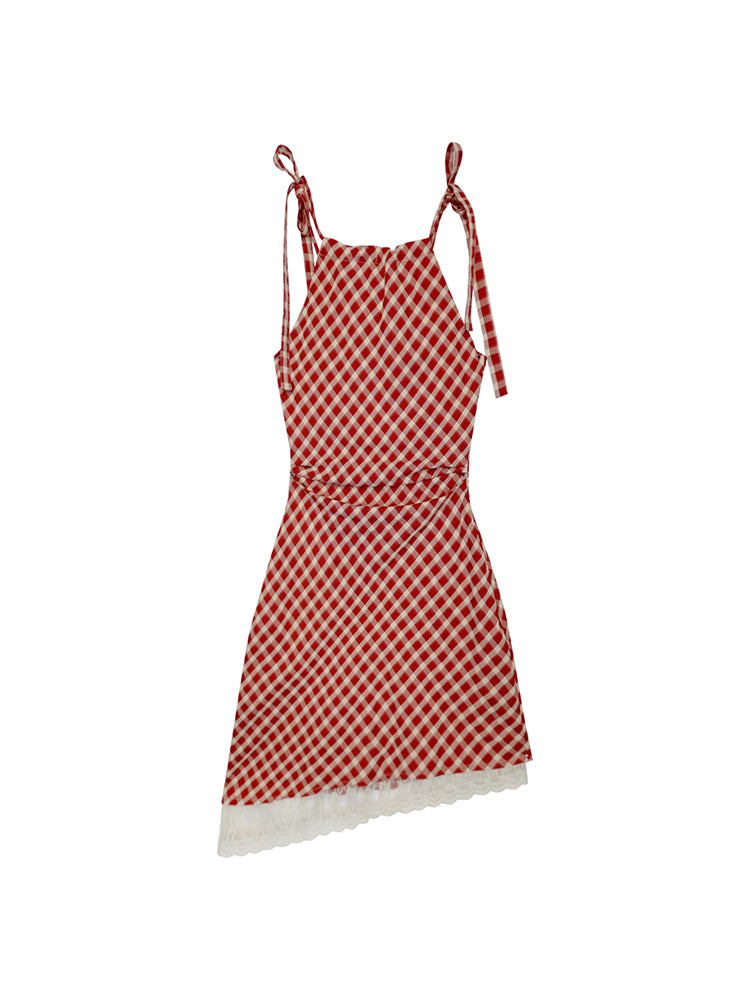 Checked Girly Asymmetry Lace Shoulder-Ribbon Dress