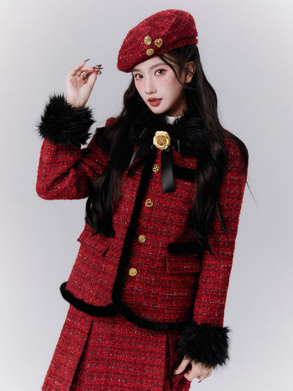 Wool Checked Retro Girly Suit Fur Ribbon Set-Up Jacket＆Mini-Skirt