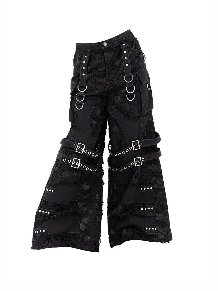 Nichi Cool Belt Damage Mesh Fancy Wide-Pants