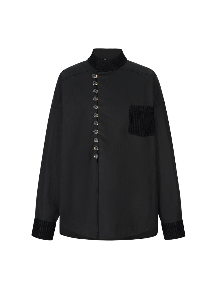 Oversize China Side-Button Band-Collar Shirt