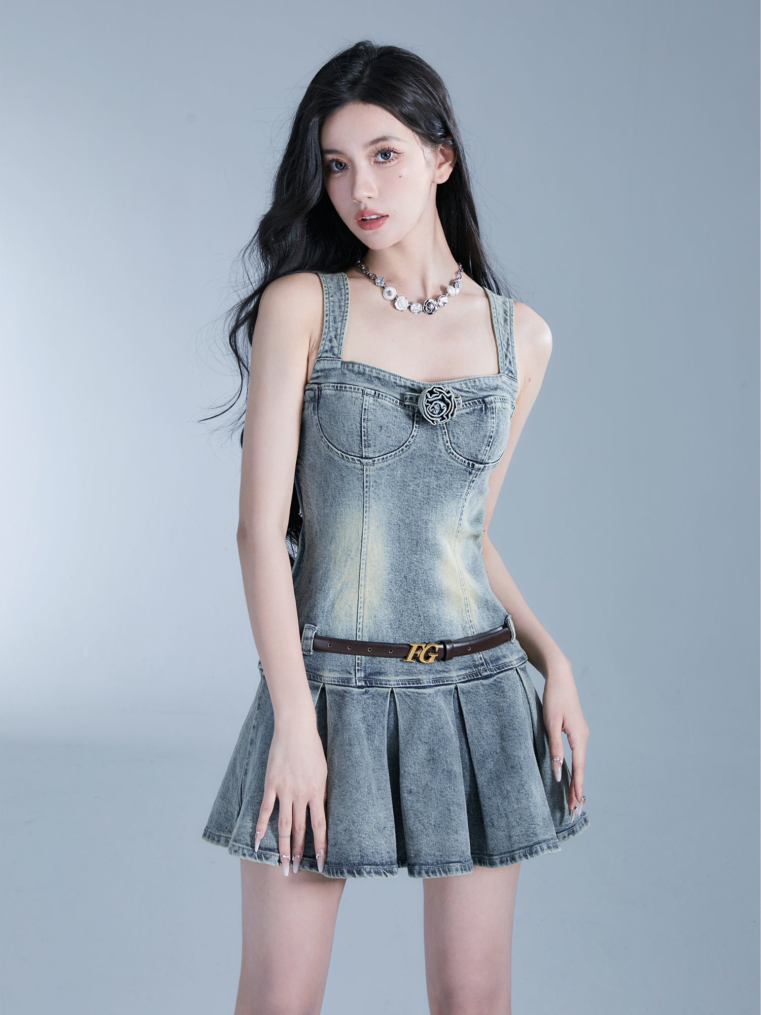 Faded Denim Rose Pleats Flare One-Piece