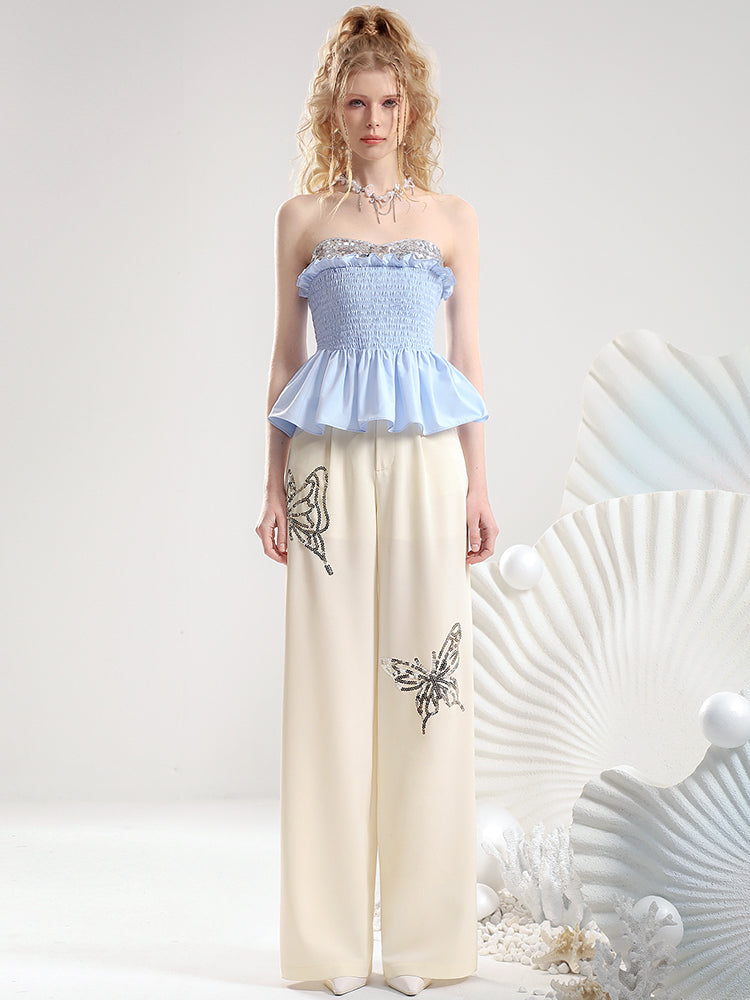 Set-Up Peplum Gather Casual Butterfly Frill Lace Camisole＆Wide-Pants