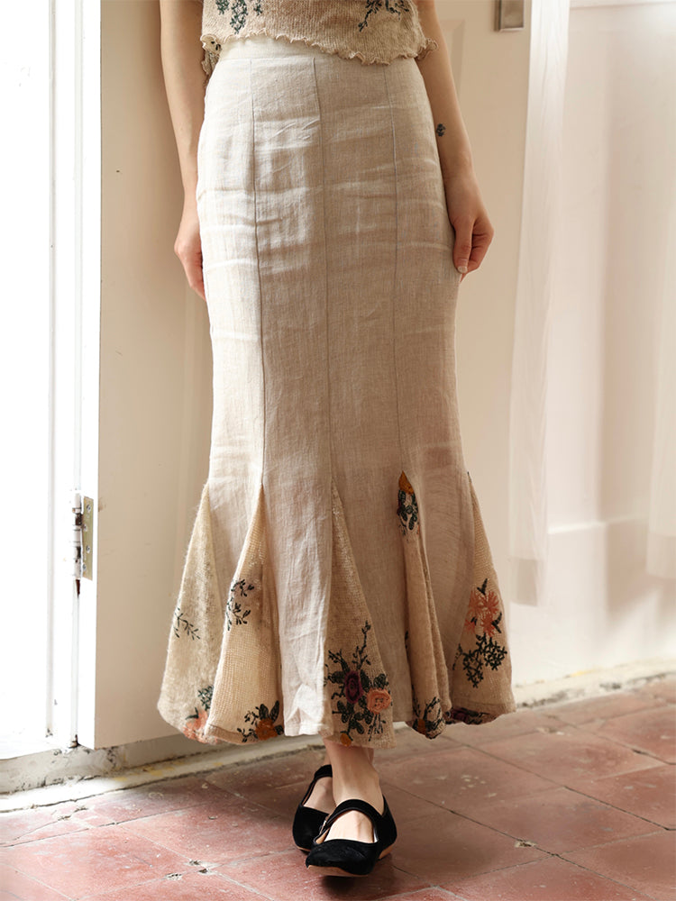 Mermaid Embroidery Flower Natural Long-Skirt