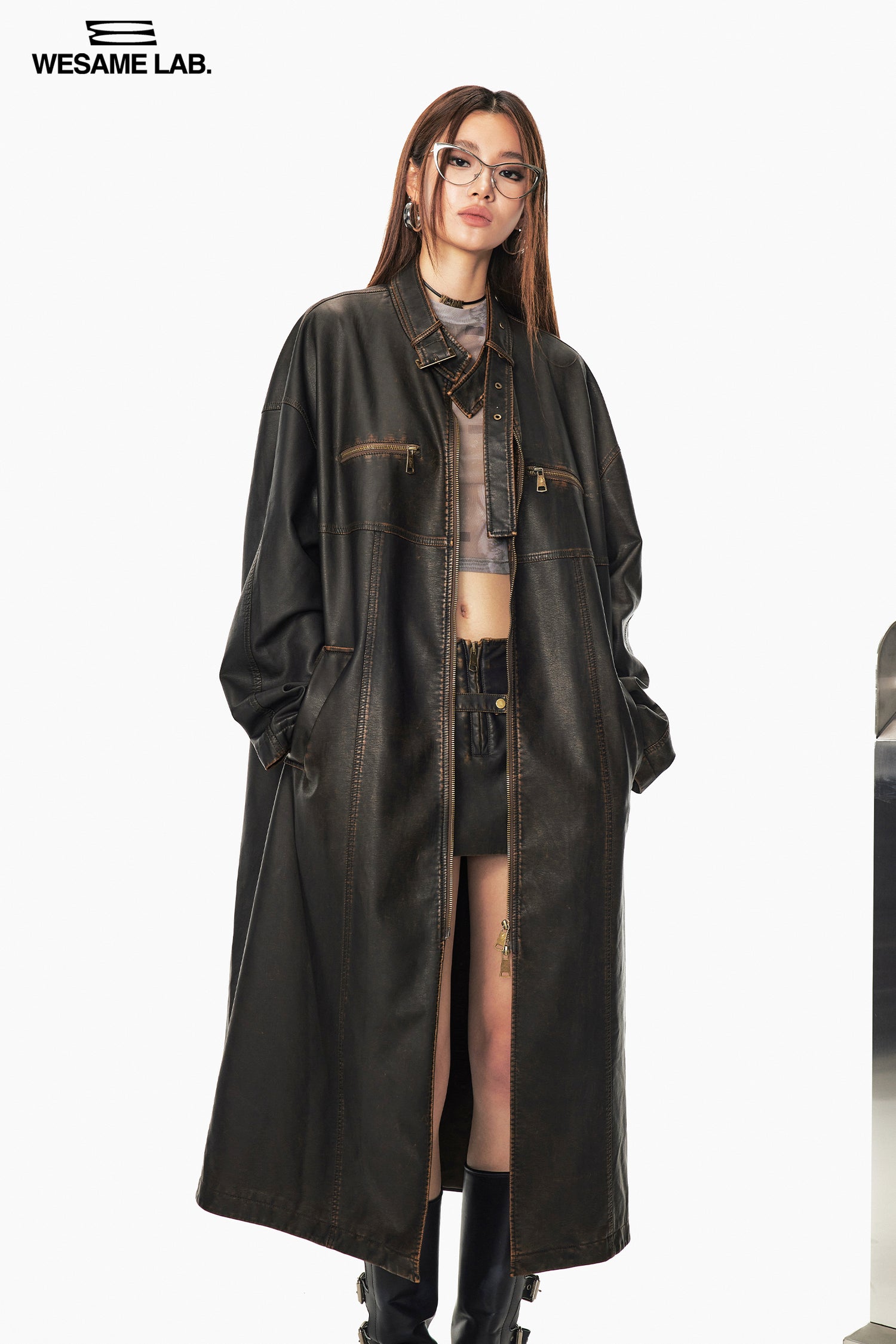 Leather Retro Vintage Stand-Collar Zip Ong-Coat