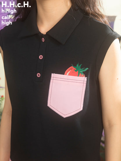 Sleeveless Pocket Strawberry Tops