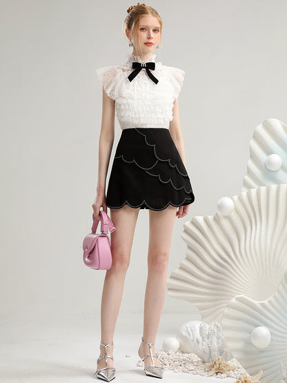 Set-Up Chic Scallop Tiered Feminine Lace-Blosue&amp;Mini-Skirt