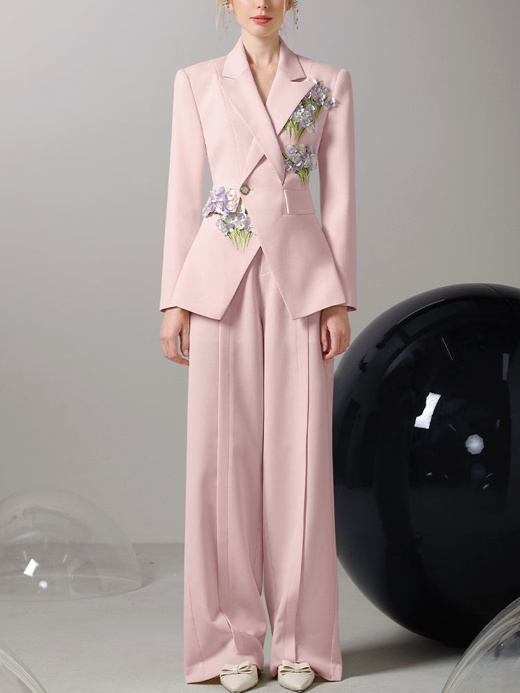 Jacket&amp;Wide-Pants Suit 3D Flower Elegant Nichi Set-Up