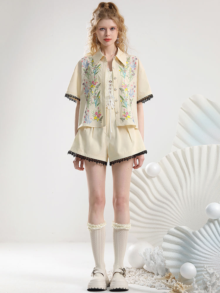 Set-Up Botanical Embroidery Flower Lace Shirt＆Short-Pants