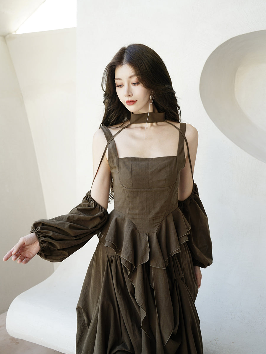 Peplum Arm-Cover Tight Balloon-Sleeve Blouse