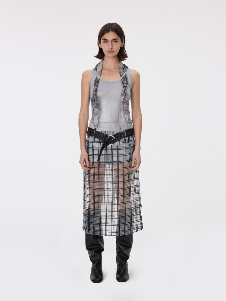 Checked See-Through Layered Elastic-Waist Back-Slit Long-Skirt