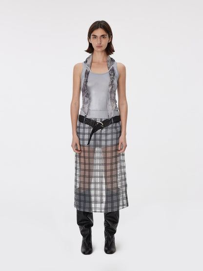 Checked See-Through Layered Elastic-Waist Back-Slit Long-Skirt