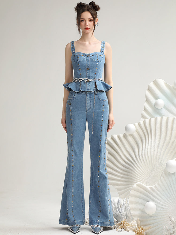 Set-Up Denim Pearl-Chain Casual No-Sleeve Tops&amp;Flare-Pants