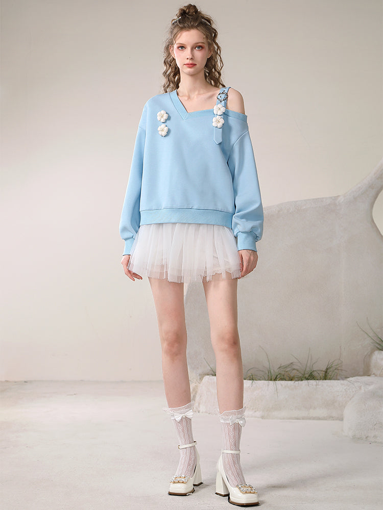 Set-up Sweat Opne-Shoulder Rose Belt Cute Pullover＆Tulle-Skirt