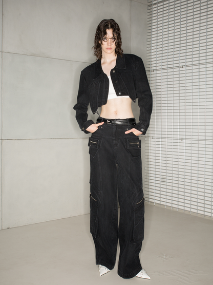 캐주얼 한 느슨한 Zip-Pocket Wide-Pants Denim-Pants