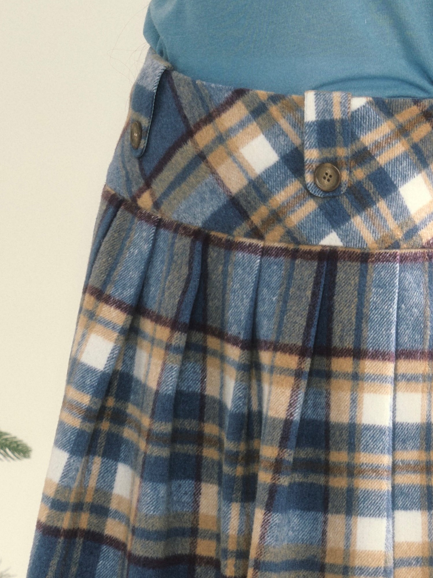 Wool Checked Plain Box-Pleats Classy Flare Skirt