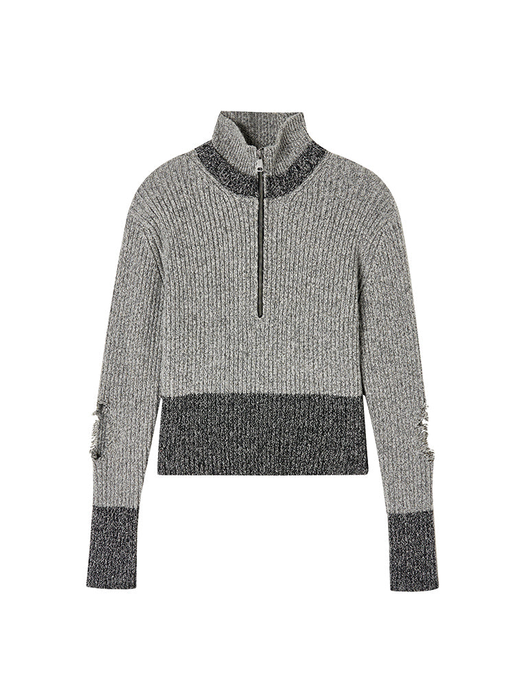 Damage Nichi Bi-Color Half-Zip Stand-Collar Rib-Knit