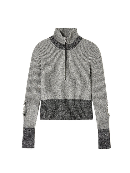 Damage Nichi Bi-Color Half-Zip Stand-Collar Rib-Knit