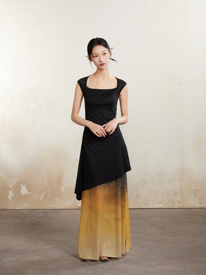 Long Bi-Color Retro Square-Neck Layered Dress