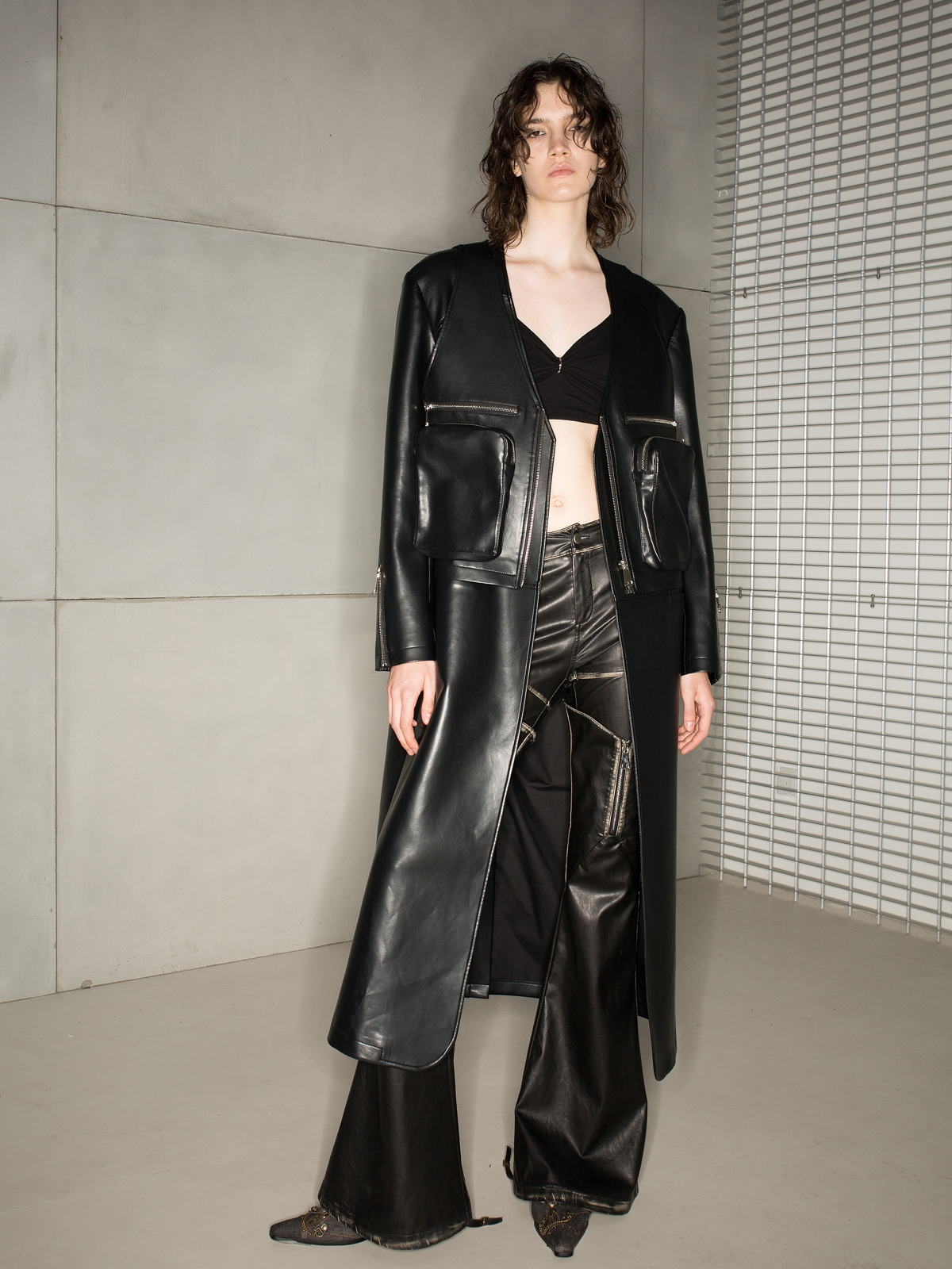 Leather Cool No-Collar Smooth Long-Coat