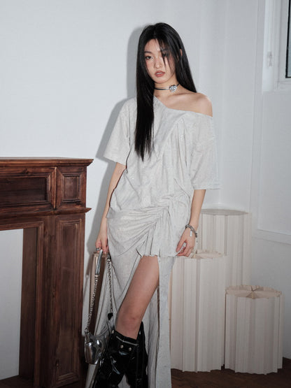 T-Shirt＆Long-Skirt Asymmetry Loose One-Shoulder Casual Nichi Set-Up