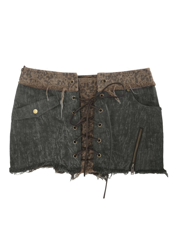 Lace-Up Cut-Off Tight Casual Mini-Skirt