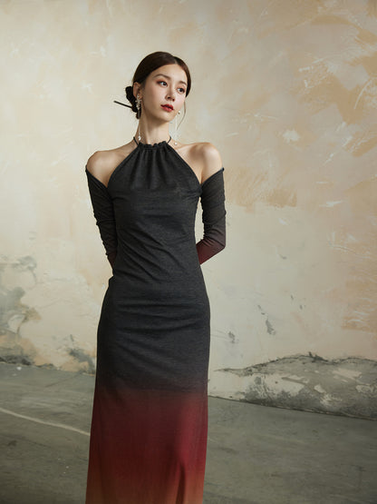 Open-Shoulder Gradation Elegant Knit Long One-Piece