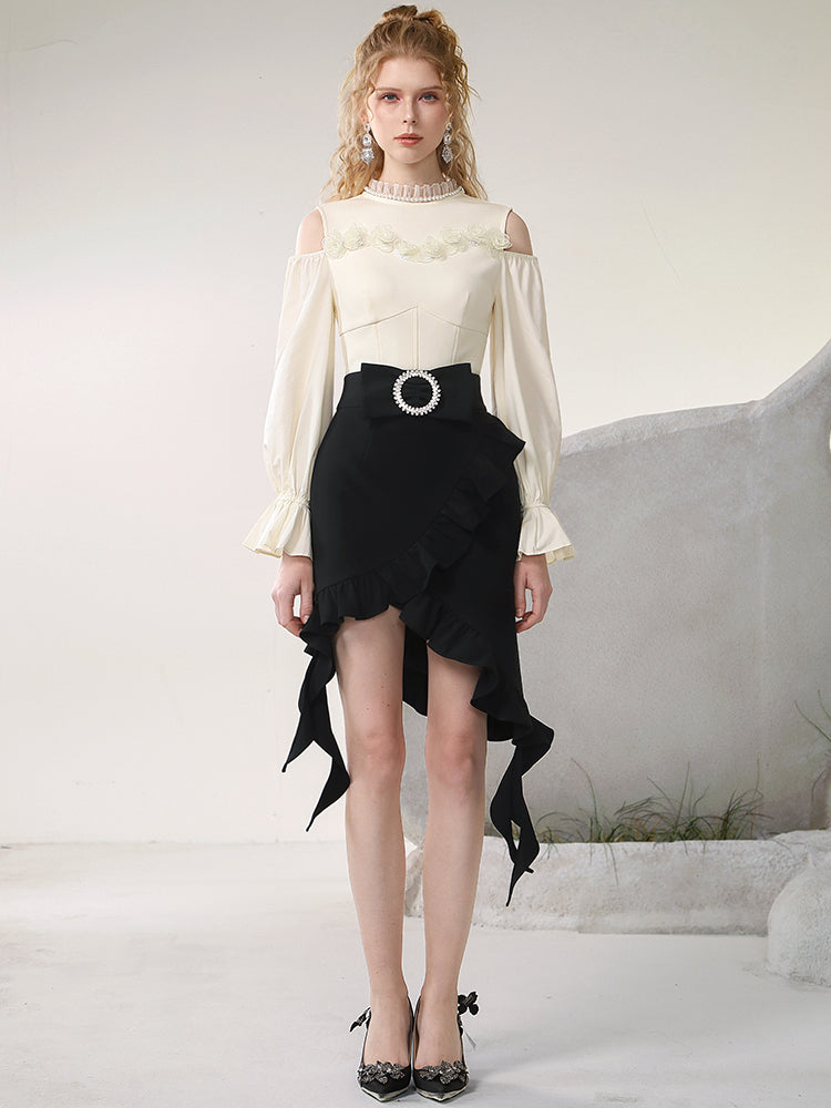 Asymemtry Open-Shoulder Chic Ruffle Candy-Sleeve Blouse＆Skirt