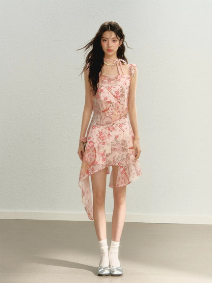 Flower Asymmetry Glossy Short Dress