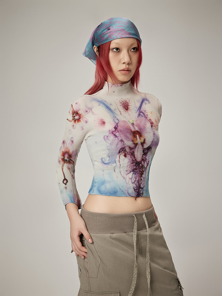 Floral Cropped Stretch Retro Colorful Bottle-Neck Knit