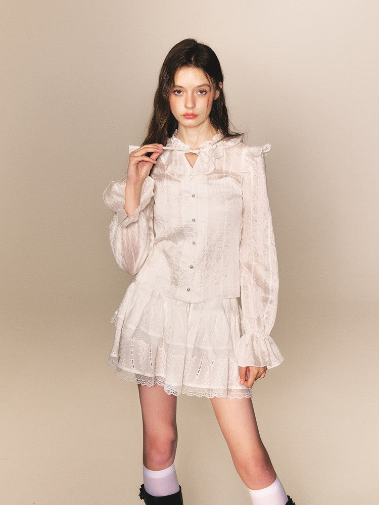 Feminine Frill Candy-Sleeve Ribbon Lace Blouse