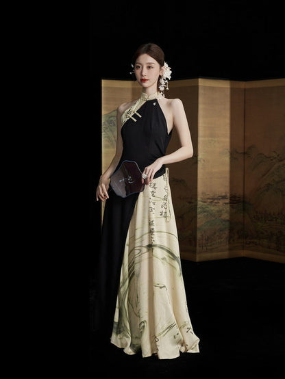 Japanese American-Sleeve Watercolor Retro Long Dress