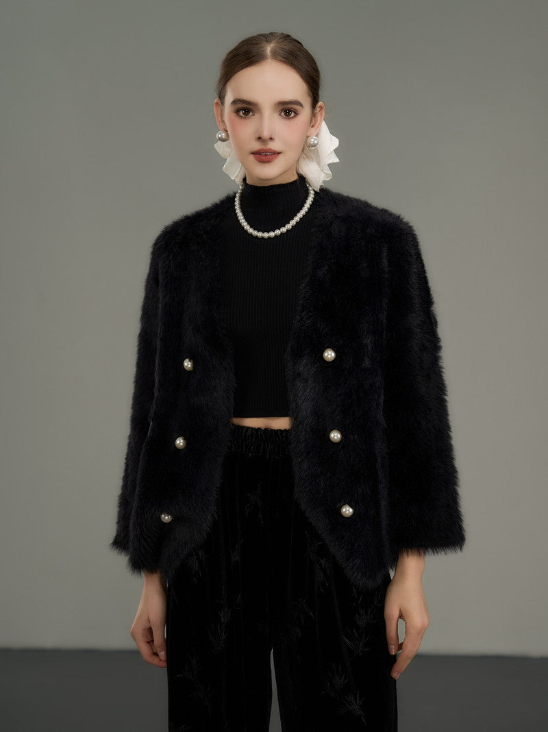 Pearl-Button Luxury Thick Simple Chic Fur-Jacket