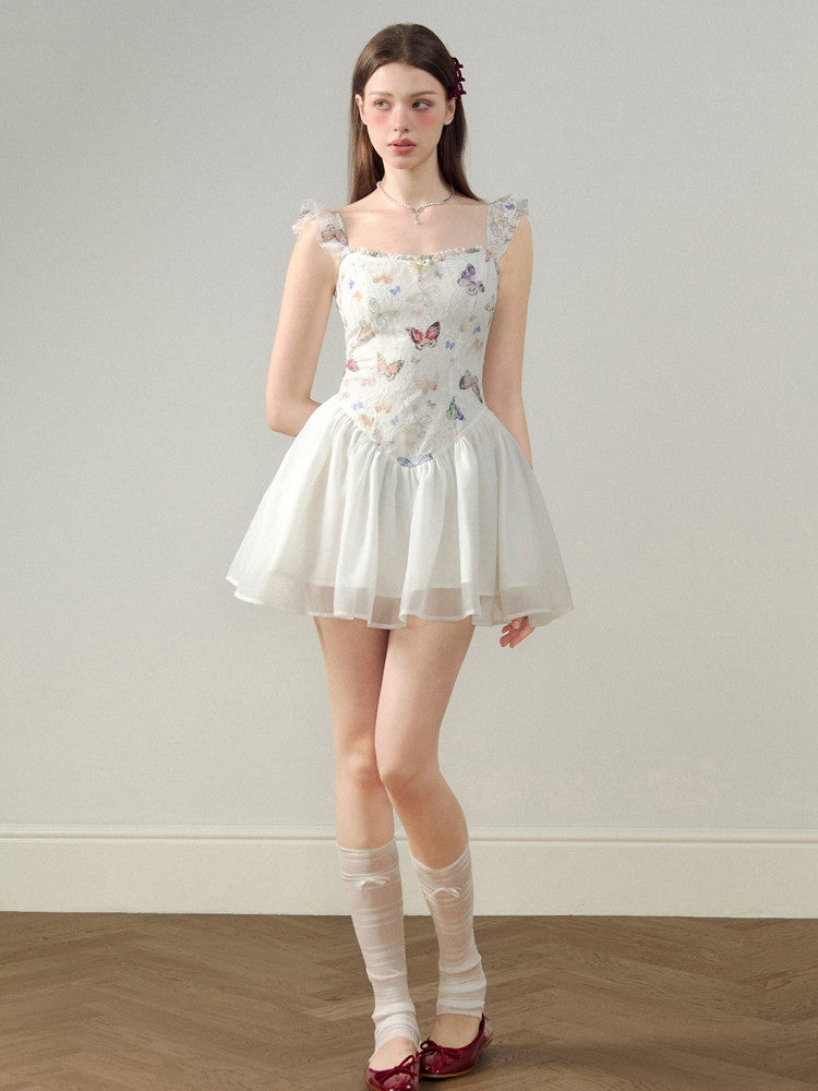 Embroidery Butterfly Lace Ribbon Ciffon Ceminine Fluffily Short Dress