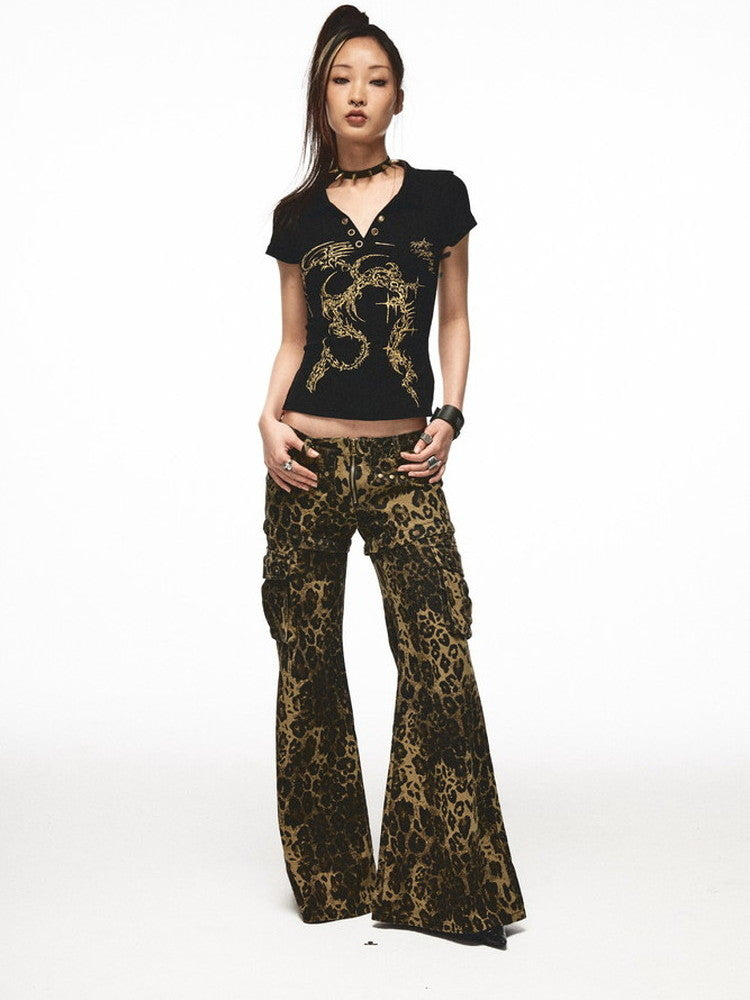 2Way Leopard Cool Animal Denim Short--Pants Flare-Pants