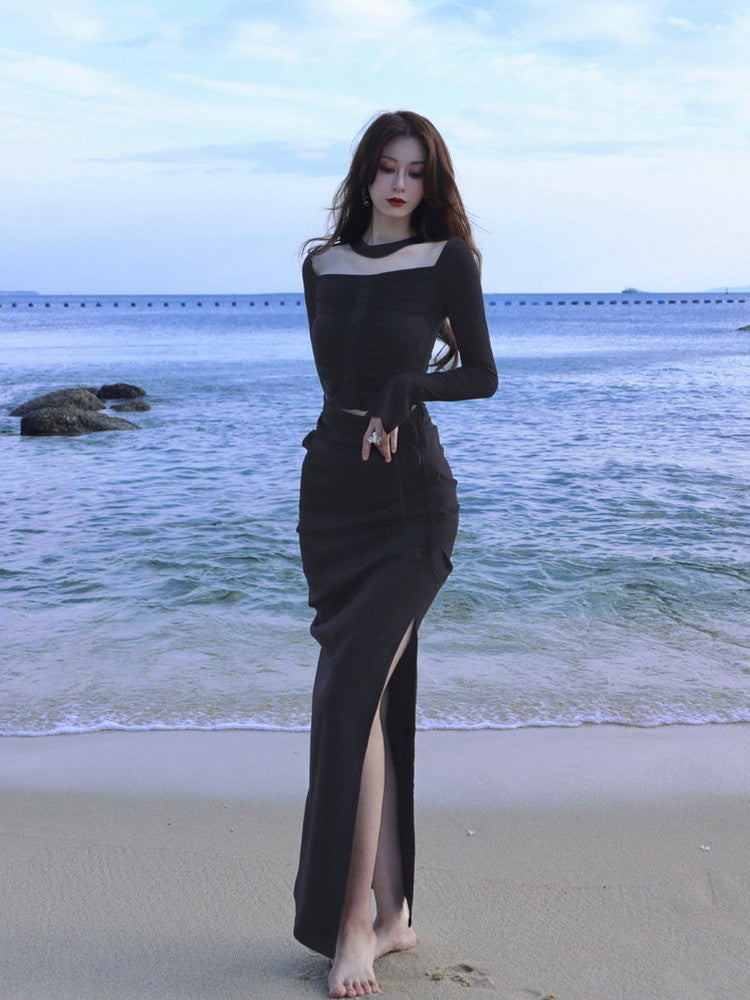 Bottle-Neck Drape Slim Simple Long Dress